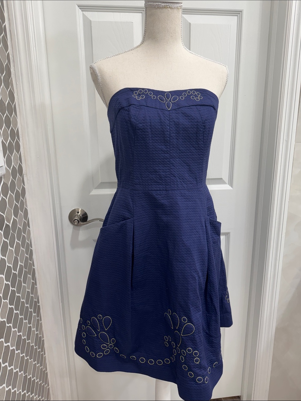 Lilly Pulitzer Strapless Navy Textured Embroidered Fit-&-Flare Dress